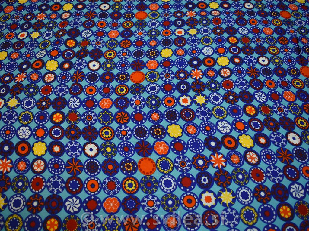 Bombažno platno - modri krogi z vzorci na turkizno modri osnovi