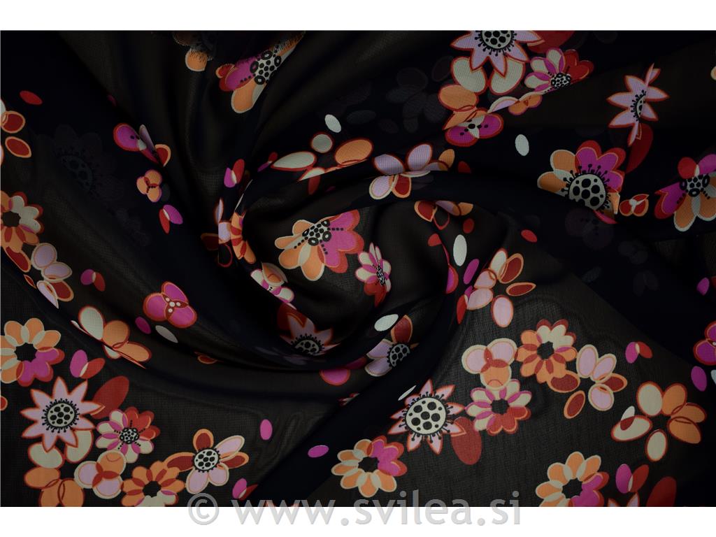 Viskozni muslin - oranžno-roza in bordo cvetovi na črni osnovi